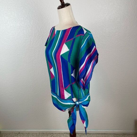 Vtg Blue Hawaii Blouse Womens S boxy bright multicolored side tie kimono sleeves - Picture 3 of 8
